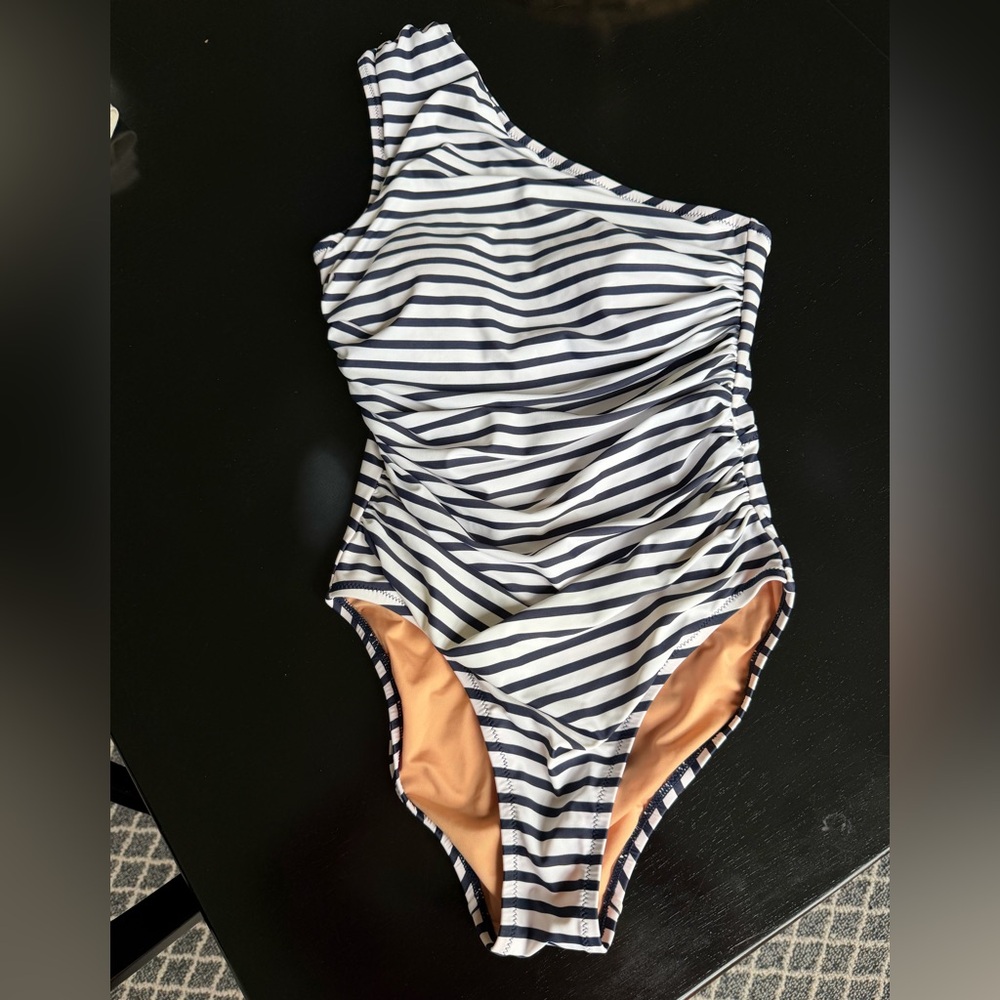 J.Crew Navy and white striped one shoulder swimsuit.  Size 2